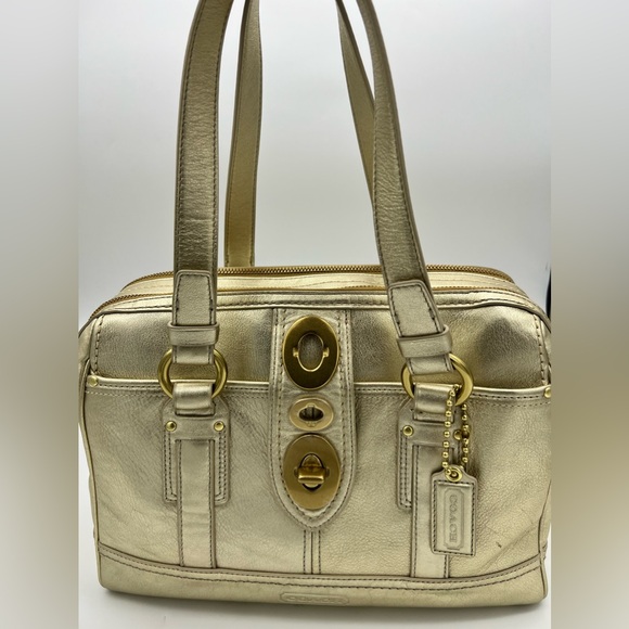 Coach Turnlock Gold Metallic Leather Tote Double Zipper Bag Handbag NEW - Picture 1 of 12